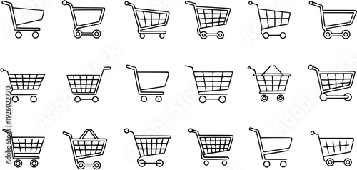 Collection of Diverse Line Art Shopping Cart Icons