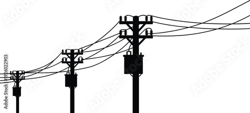 Utility power line poles silhouette, overhead electrical cables and transformers black and white vector isolated infrastructure illustration
