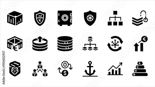 Collection of black business and finance icons on a white background, illustrating various concepts and ideas related to security, data, and growth.