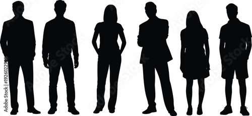 Standing people silhouettes collection, diverse men and women casual poses black vector illustration isolated on white background