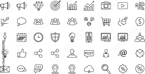 Hand Drawn Business Marketing Communication Social Media Technology Vector Icons Set