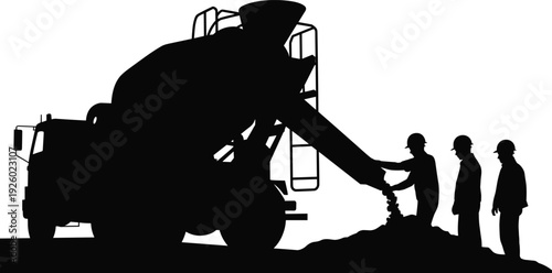Concrete mixer truck silhouette pouring cement with construction workers on building site, industrial engineering teamwork scene isolated on white background illustration