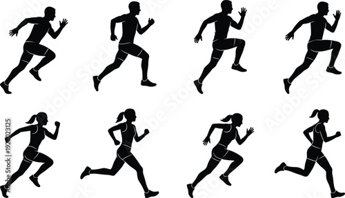 Running athletes silhouette set, male and female sprinting figures black and white vector illustration isolated