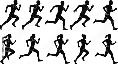 Running people silhouette set, male and female joggers in motion black and white vector isolated illustration collection