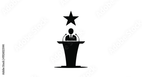 A silhouette of a speaker at a podium, delivering a speech under a prominent star, symbolizing leadership and achievement in public speaking or performance
