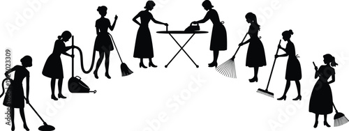 Housewife cleaning silhouettes set, retro maid vacuuming ironing sweeping black vector illustration isolated on white background