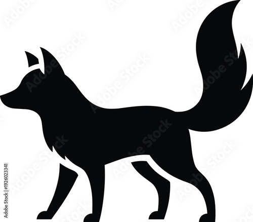 Fox silhouette in side view with bushy tail, elegant wild animal icon isolated on white background, minimal black vector illustration design