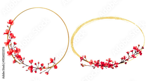 Floral Golden Oval Frames with Red Blossoms and Branches on Transparent Backgrounds