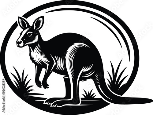 Kangaroo silhouette illustration in circular frame, Australian wildlife animal standing in grass, bold black logo design isolated on white background