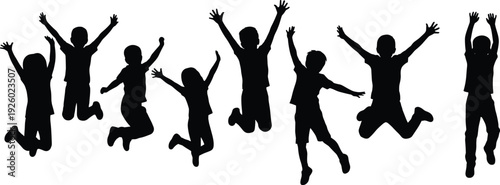 Happy jumping children silhouettes, playful boys and girls celebrating black and white vector illustration isolated on white background