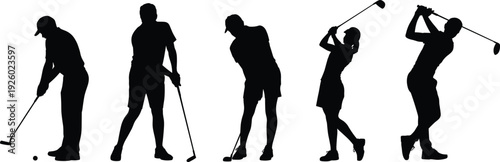 Golf player swing silhouettes set, male golfer putting driving and iron shot black vector isolated on white background