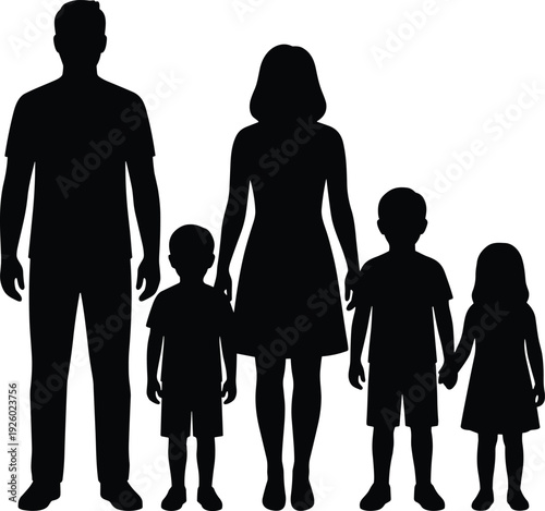 Family silhouette illustration, parents with two children standing together black and white vector isolated on white background