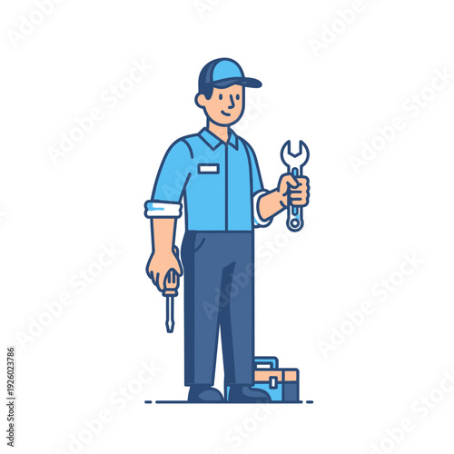 Friendly Technician with Tools and Toolbox Illustration for Repair and Maintenance Services