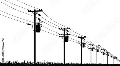 Electric power line poles silhouette, transmission cables infrastructure, utility distribution network, black and white vector isolated landscape illustration