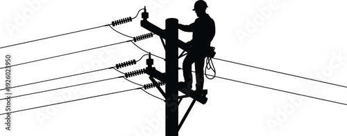 Electric lineman working on power pole silhouette, utility worker repairing high voltage lines black vector isolated background