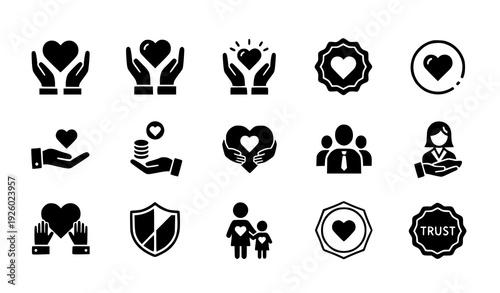 Hand Holding Heart Monochrome Solid Vector Icons Love Care Set