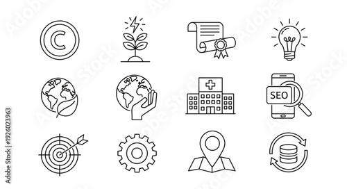 Collection of business and technology icons in a sketch style.