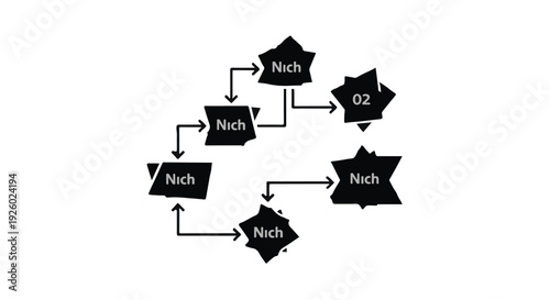 Abstract diagram visualizing an intricate network of conceptual nodes with directional flow, representing complex system interactions and structured dynamic processes