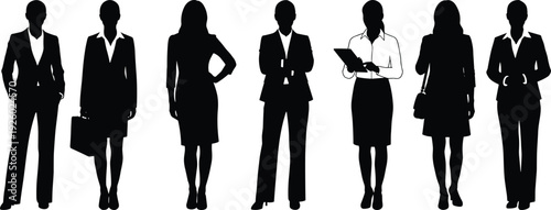 Business women silhouette collection, professional corporate female characters standing isolated black and white vector illustration set