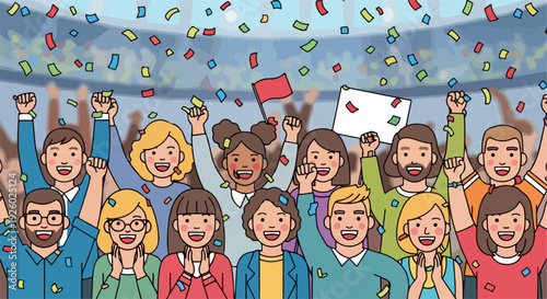 Diverse group of people celebrating with raised arms and confetti in background festive atmosphere