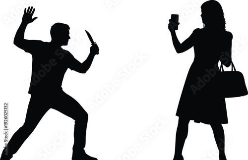 Black vector silhouette of a criminal man with a knife attacking a woman who is distracted by her smartphone for crime and safety concepts