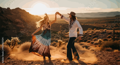 Couple dancing in desert landscape at sunset woman wearing flowing dress man in white shirt and hat joyful outdoor scene with mountains and bushes