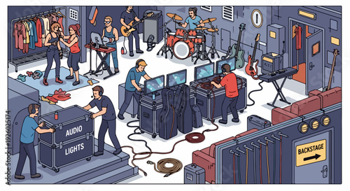 Music recording studio with band performing and engineers working at mixing consoles cables and equipment around creative production atmosphere