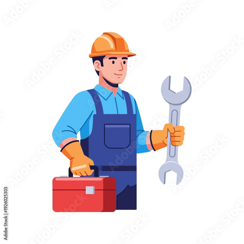 Professional Male Worker with Hard Hat, Wrench, and Toolbox - Repair, Service & Construction Industry Illustration