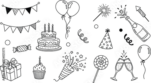 Birthday Party Doodle Icons and Celebration Elements Set