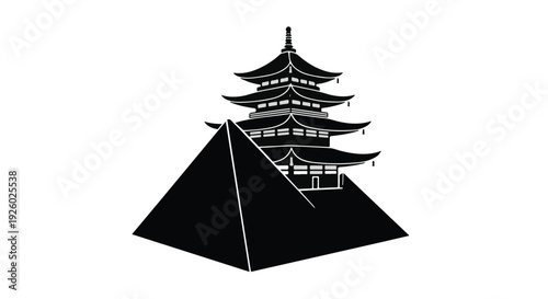 Striking conceptual illustration of a pagoda structure majestically perched atop a bold, geometric pyramid, symbolizing cultural fusion and architectural harmony in a timeless design