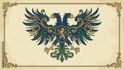 Vintage Heraldic Double Eagle Crest Emblem with Shield and Lion Detail
