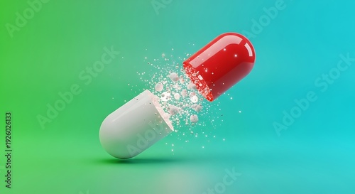 Medical capsule releasing vibrant pills on colorful background