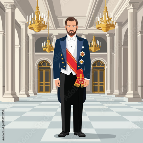 Royal Chamberlain in Palace Hall

Flat vector illustration of a royal chamberlain standing in a grand palace hall. Formal attire, sash or badge visible. Elegant interior with columns and chandeliers. 
