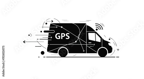 Modern digital delivery van illustration with GPS tracking system and wireless connectivity, symbolizing fast and efficient logistics for global transportation and smart freight management