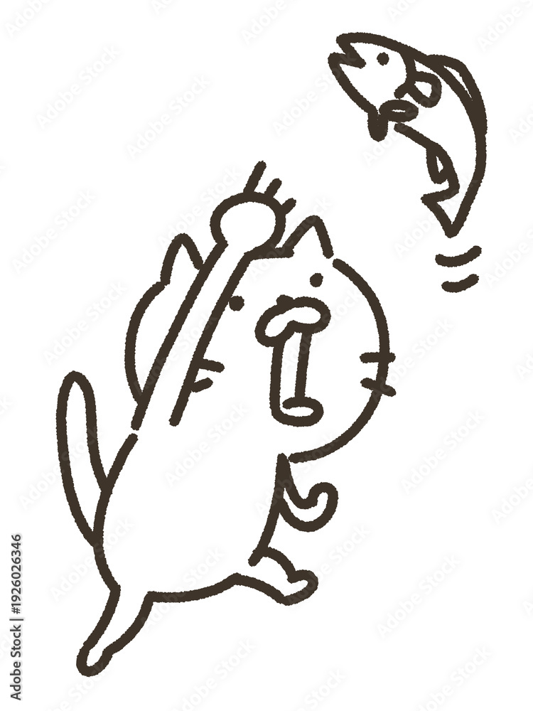 Obraz premium 魚をとる猫の線画イラスト