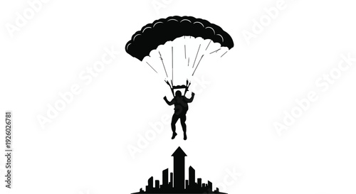 Exhilarating graphic depicting a brave skydiver with parachute descending towards a vibrant metropolis, artfully symbolizing urban adventure, ultimate achievement, and a journey of upward success