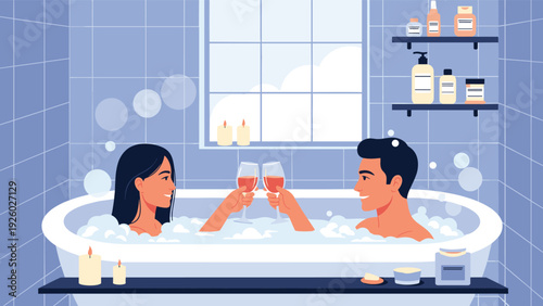 Romantic couple clinks wine glasses while relaxing in a bubbly bath within a serene blue-tiled bathroom setting.