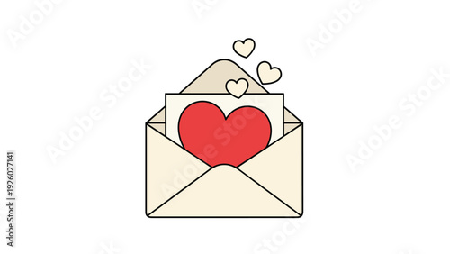 Open cream-colored envelope containing a card with a large red heart is perfect for romantic greetings or love notes.