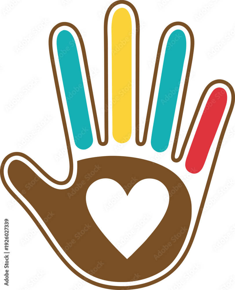 Fototapeta premium Colorful hand with heart symbol on palm for love and care concepts