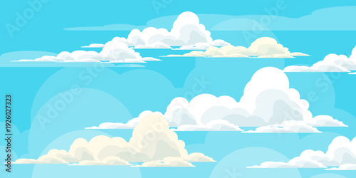 Illustration of a blue sky with white clouds in a flat style. Blue sky background and white clouds. Cartoon sky	