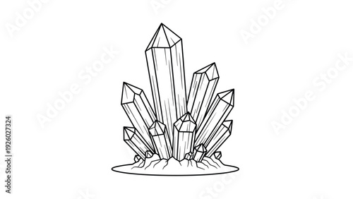 Detailed black and white line art illustration of a large cluster of pointed quartz crystals resting on a rocky base.