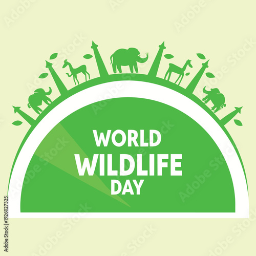 Green semicircle logo with various animals and world wildlife day text on light green background