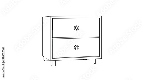 Simple black and white line art drawing of a two-drawer nightstand features circular handles and short support legs.