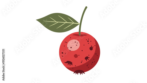 Illustration of a red apple with a green leaf and stem features subtle textures and dark spots for a natural look.