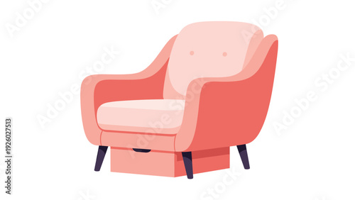 Modern pink armchair with light-colored cushions and dark wooden legs featuring a practical storage drawer below.