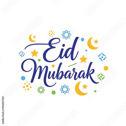 Colorful Calligraphy Eid Mubarak Greeting Card Design with Festive Islamic Motifs