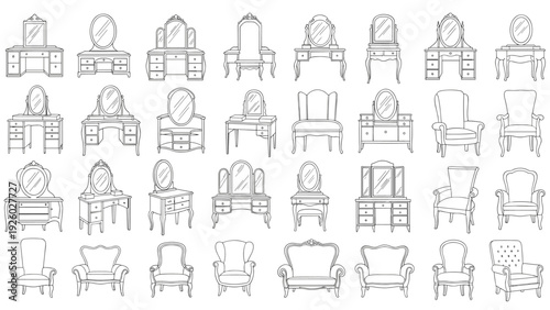 Large collection of dressing table and armchair sketches in a classic vintage style shown in black and white lines.