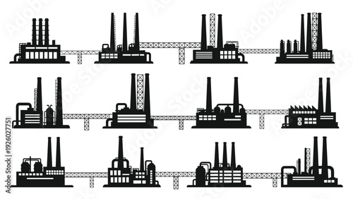 Diverse set of industrial factory silhouettes featuring chimneys, pipes, and structures in black on a white background.
