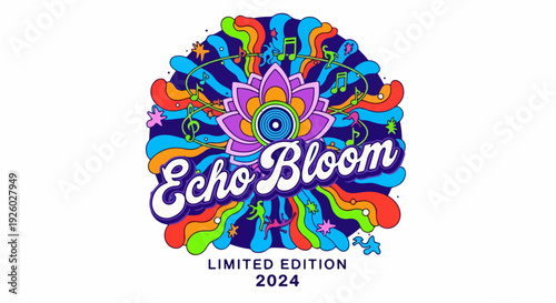 Vibrant echo bloom limited edition 2024 logo design with colorful flower and splashes on white background