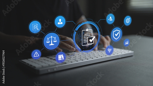 Compliance rule law and regulation concept. Person typing keyboard with legal and compliance icons, policy management, regulatory framework and corporate governance.
